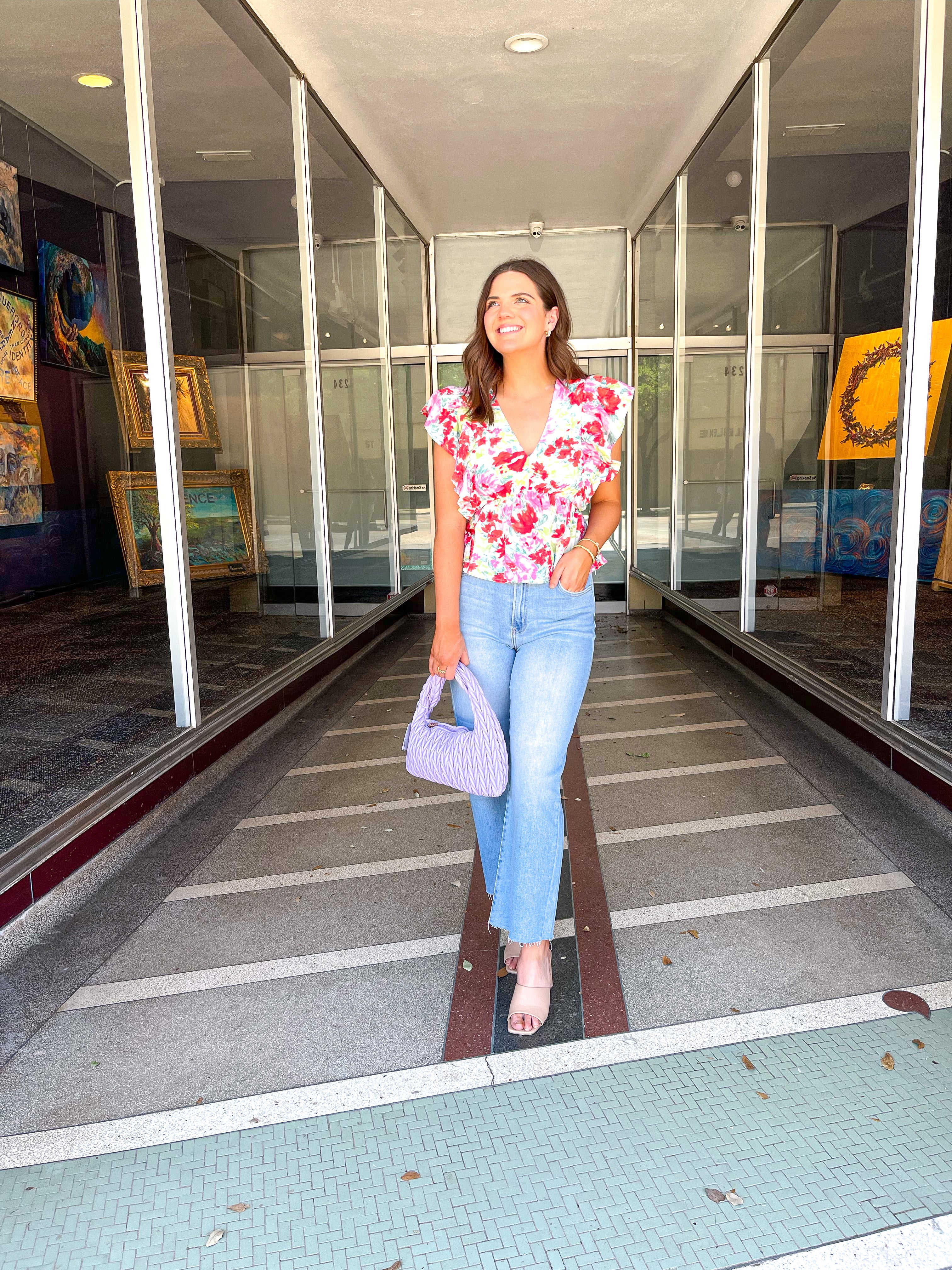 Ruffle Sleeve Floral Print Top - Pink Red