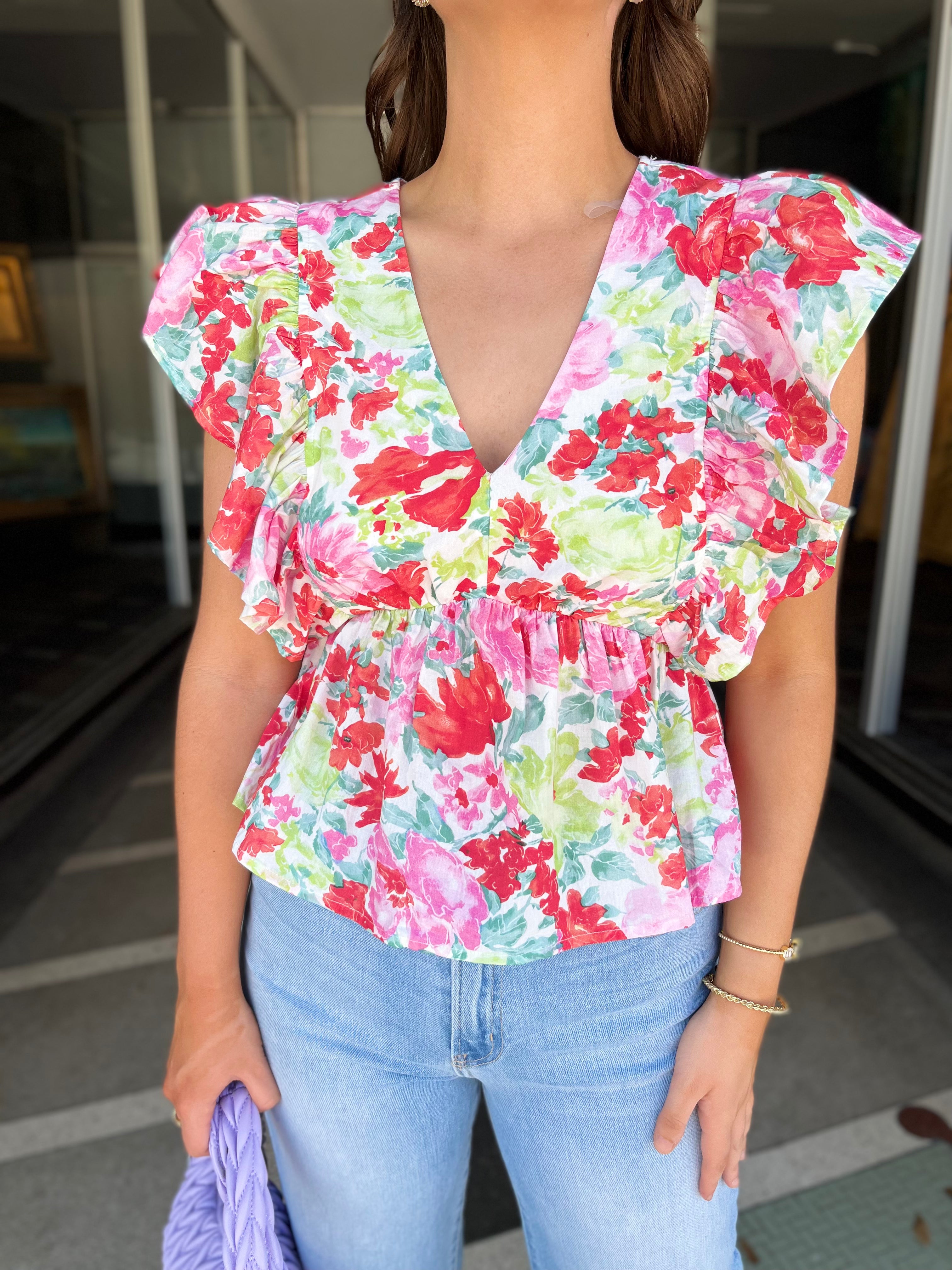 Ruffle Sleeve Floral Print Top - Pink Red