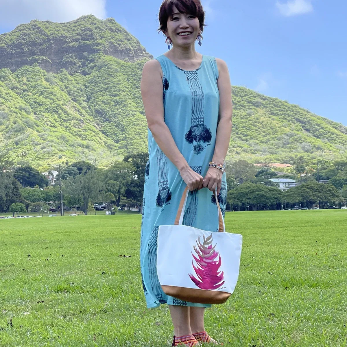 Sabado Design Sleeveless A Line Dress - Navy Tree on Light Blue