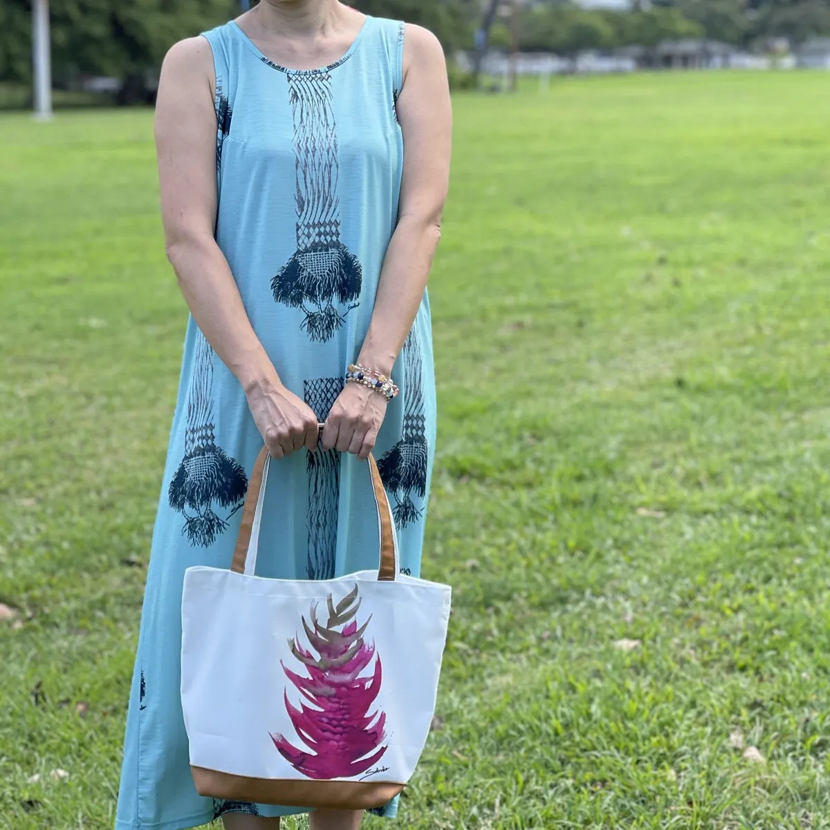 Sabado Design Sleeveless A Line Dress - Navy Tree on Light Blue