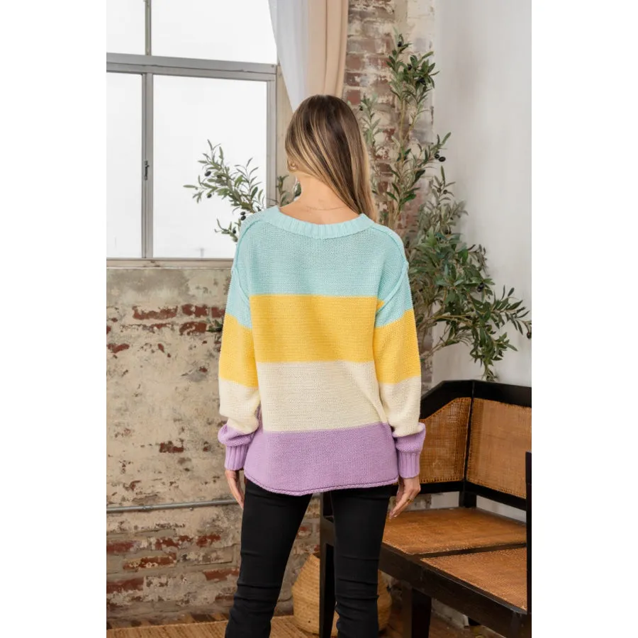 Sew In Love Full Size Color Block Exposed Seam Sweater