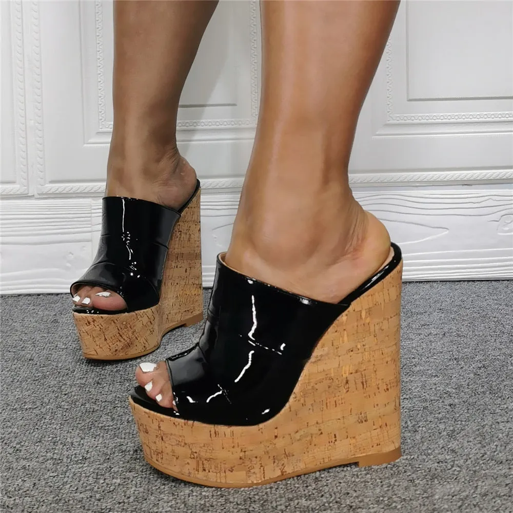 Sexy Women's Wood Grain Mirrored Peep Toe High Heels Wedge Sandals