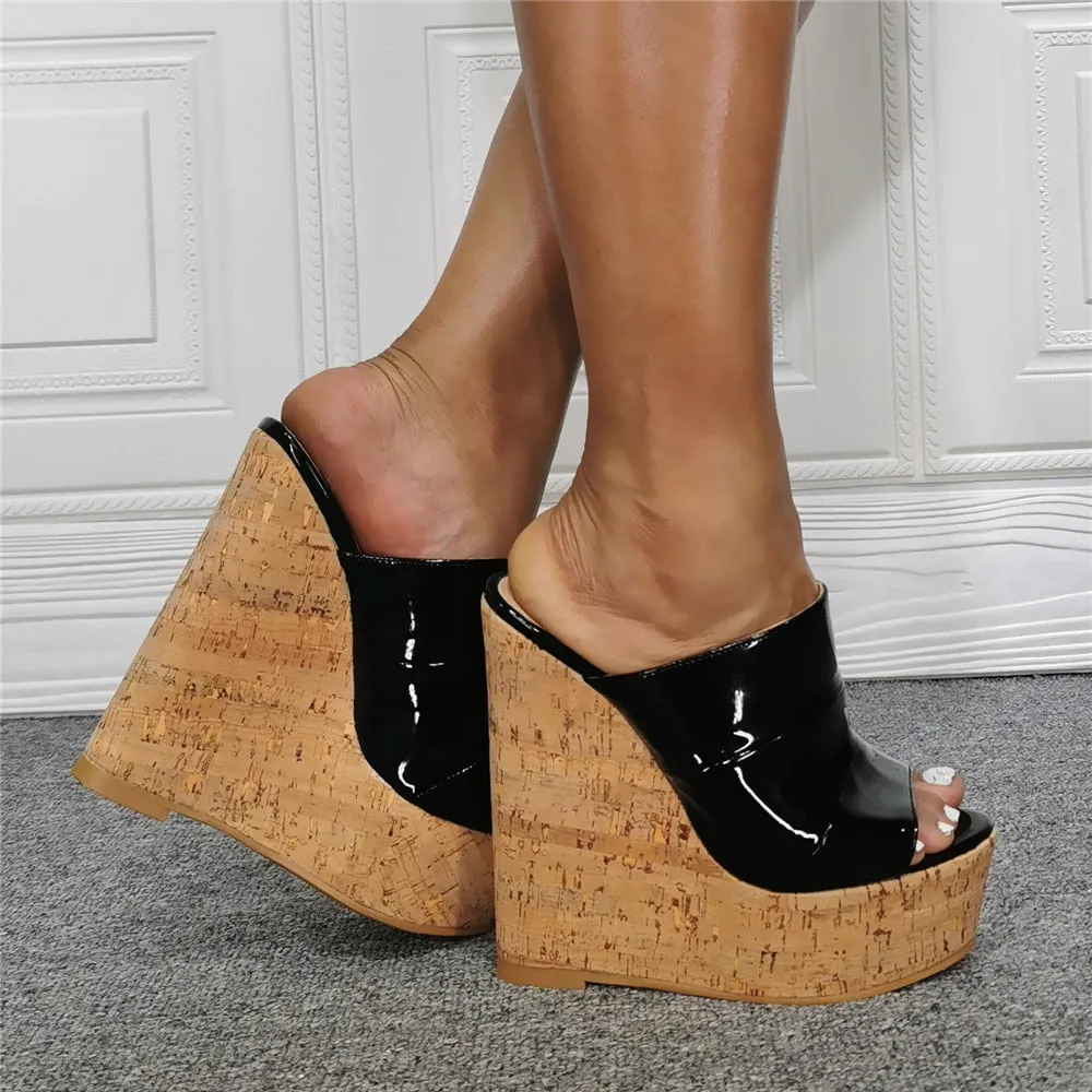 Sexy Women's Wood Grain Mirrored Peep Toe High Heels Wedge Sandals