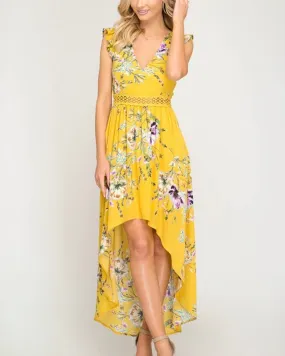 Short Ruffle Sleeve Floral Print High Low Maxi Dress in Mustard