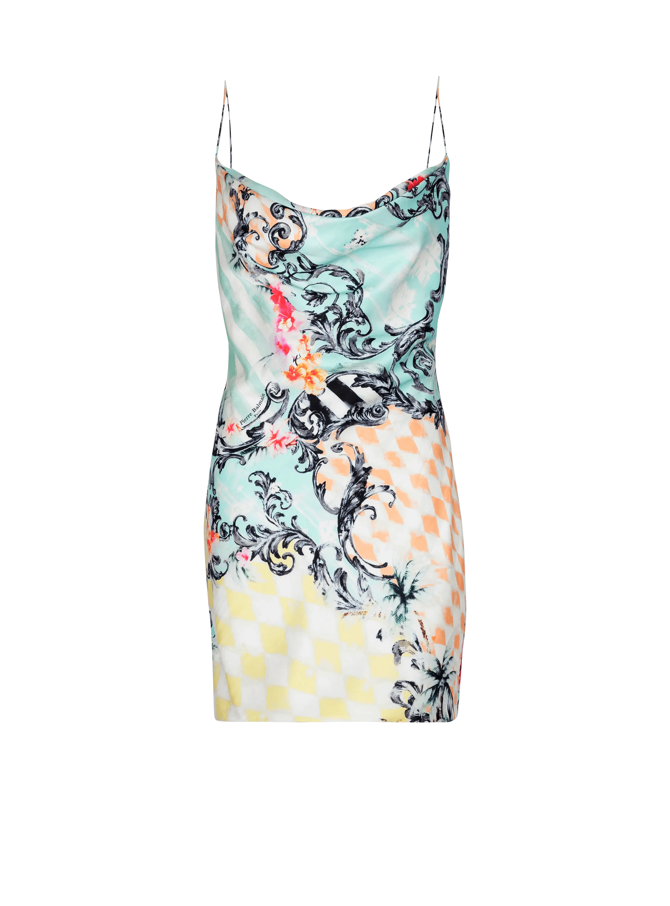 Short satin slip dress with Baroque print