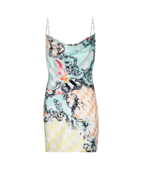 Short satin slip dress with Baroque print