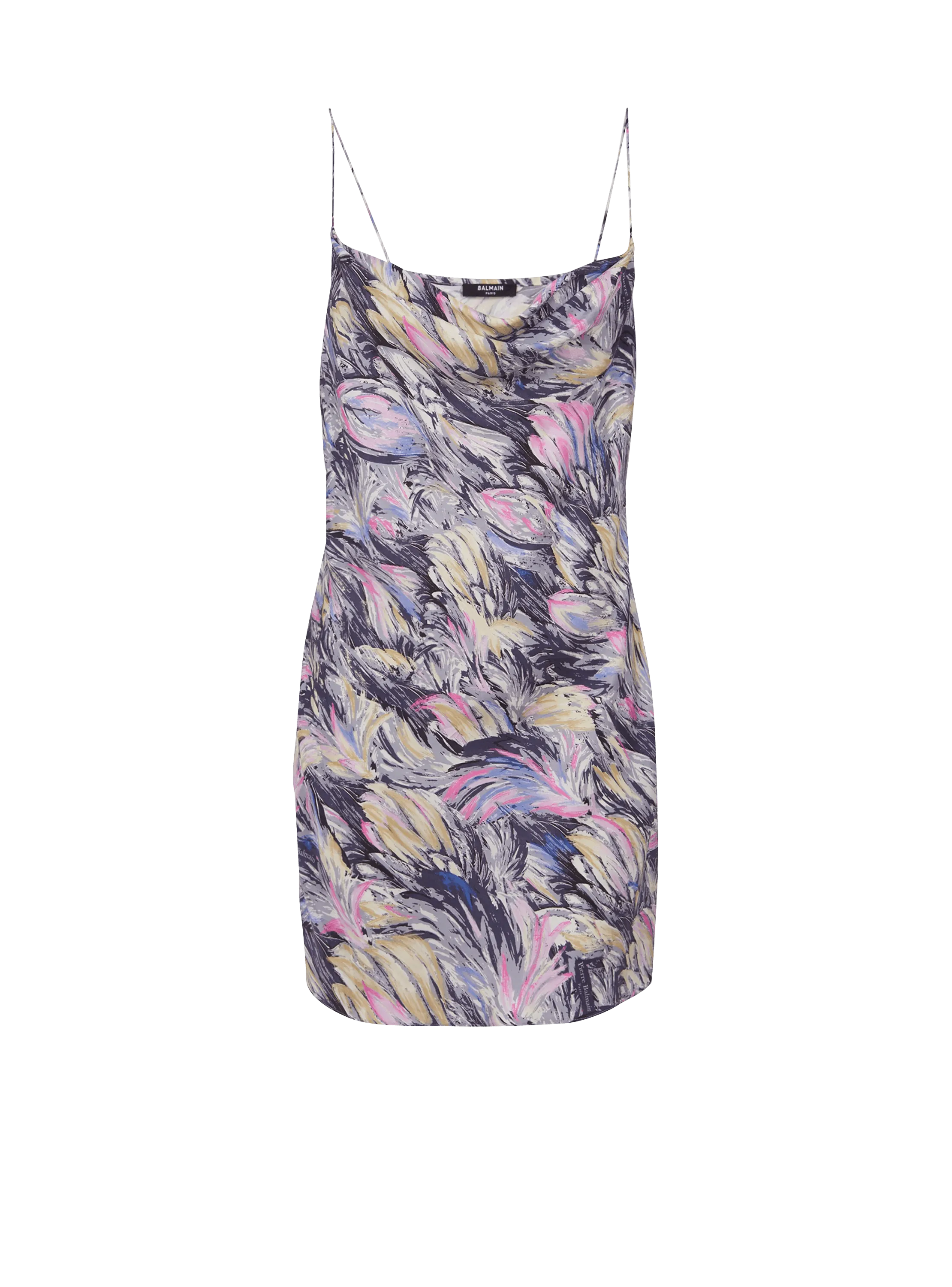 Short satin slip dress with Feather print