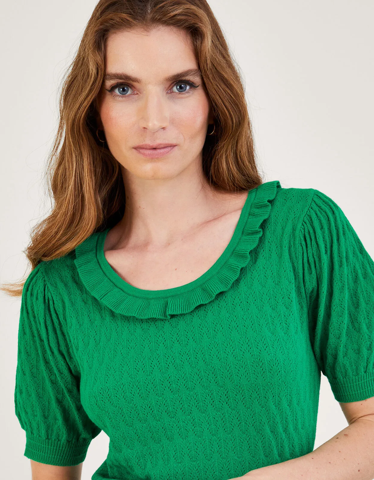 Short Sleeve Ruffle Neck Jumper  Green