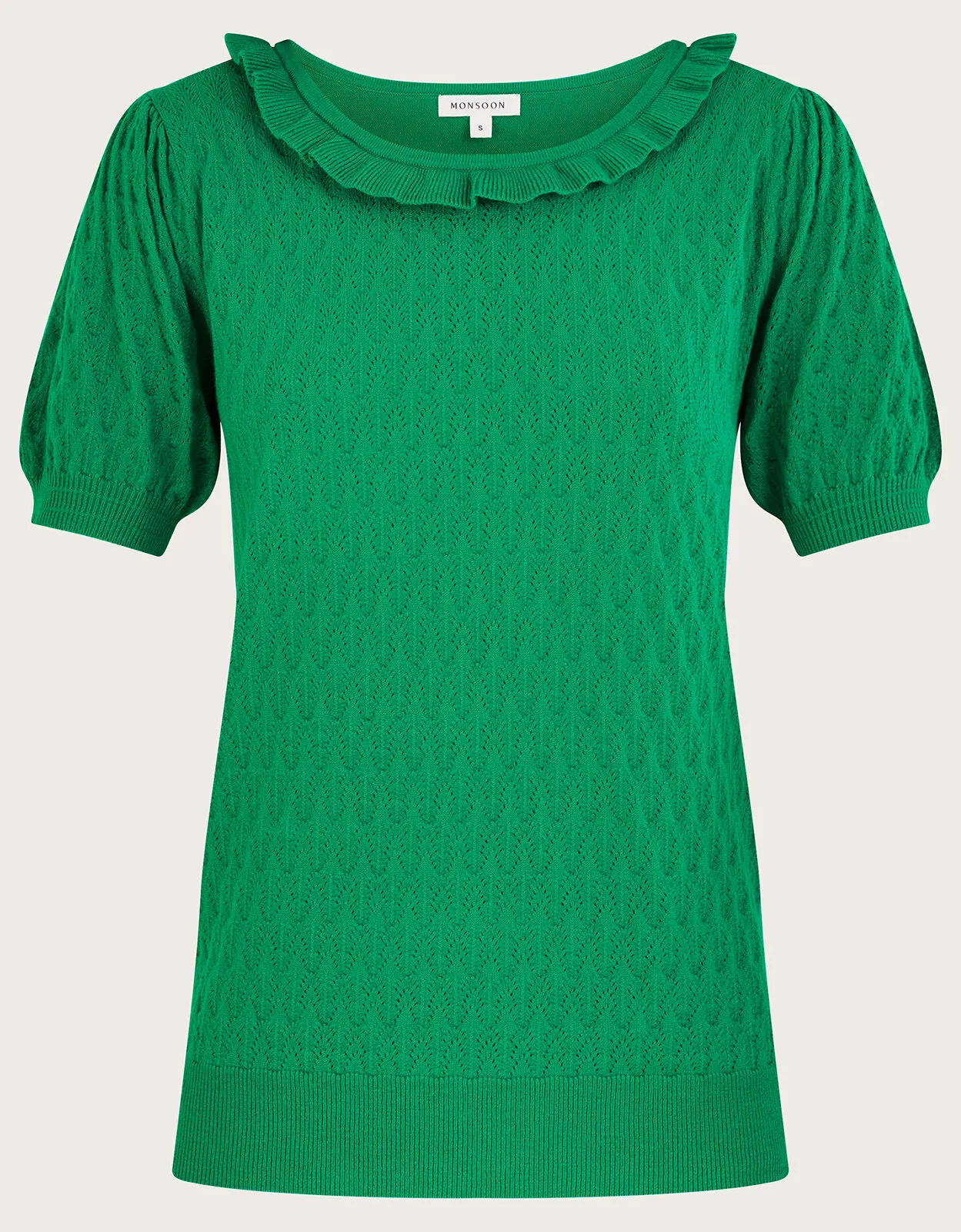 Short Sleeve Ruffle Neck Jumper  Green