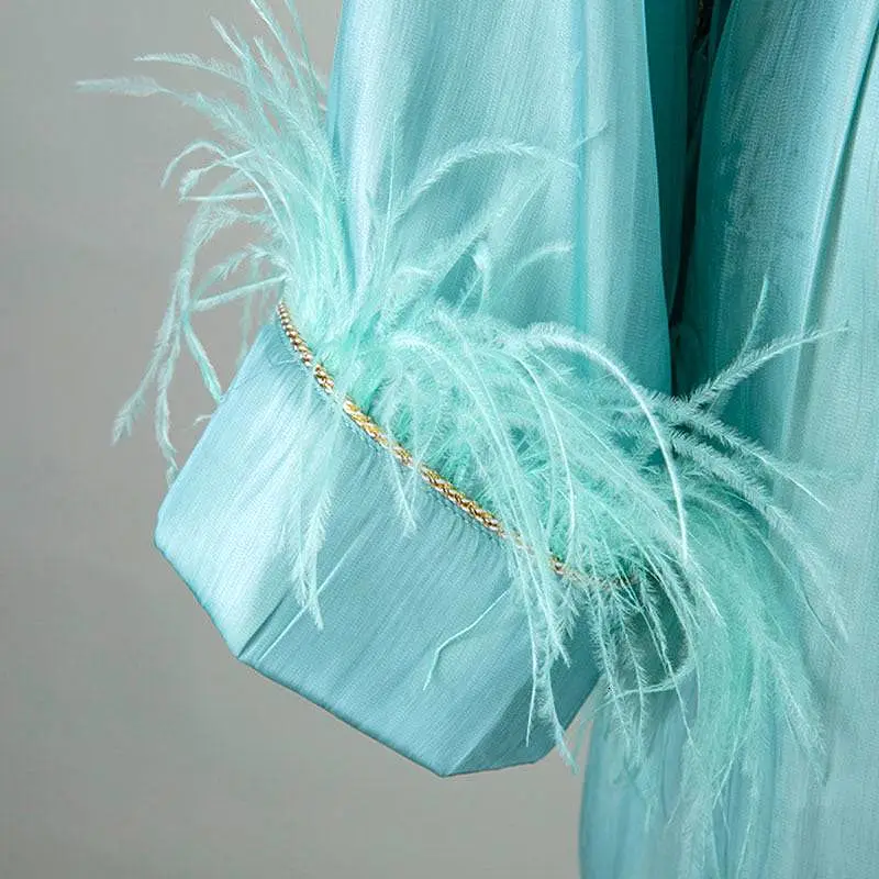 Silky Soft Feather Sleeve Short Duster In Blue