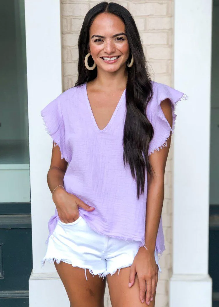 Stark X V Neck Ruffle Sleeve Gauzy Blouse - Orchid