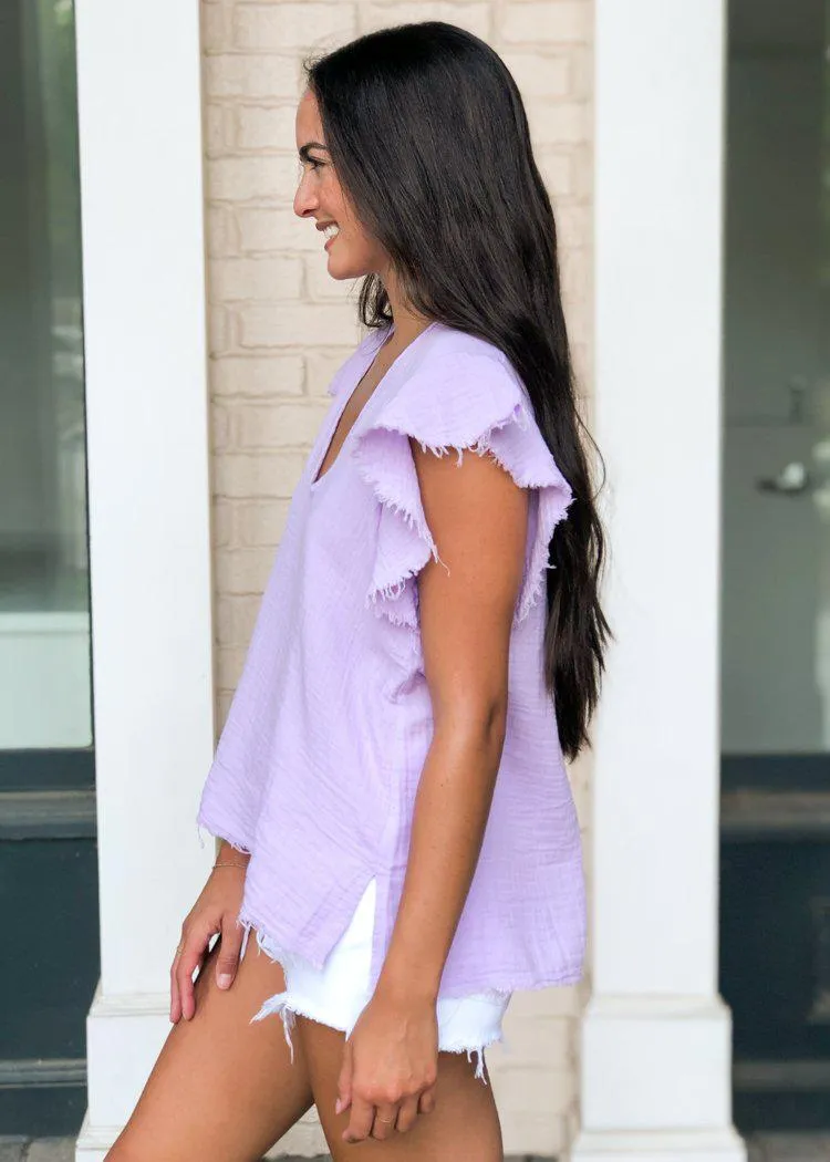 Stark X V Neck Ruffle Sleeve Gauzy Blouse - Orchid