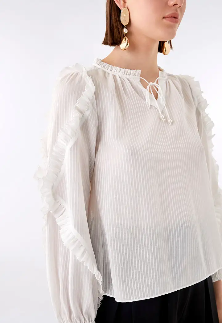 Striped Ruffle Trim Sleeve Blouse