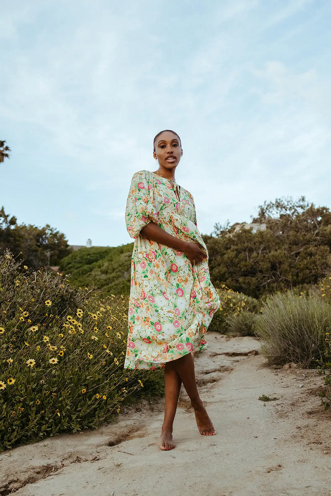 The Bearden Tie-Front Floral Midi Dress in Light Yellow