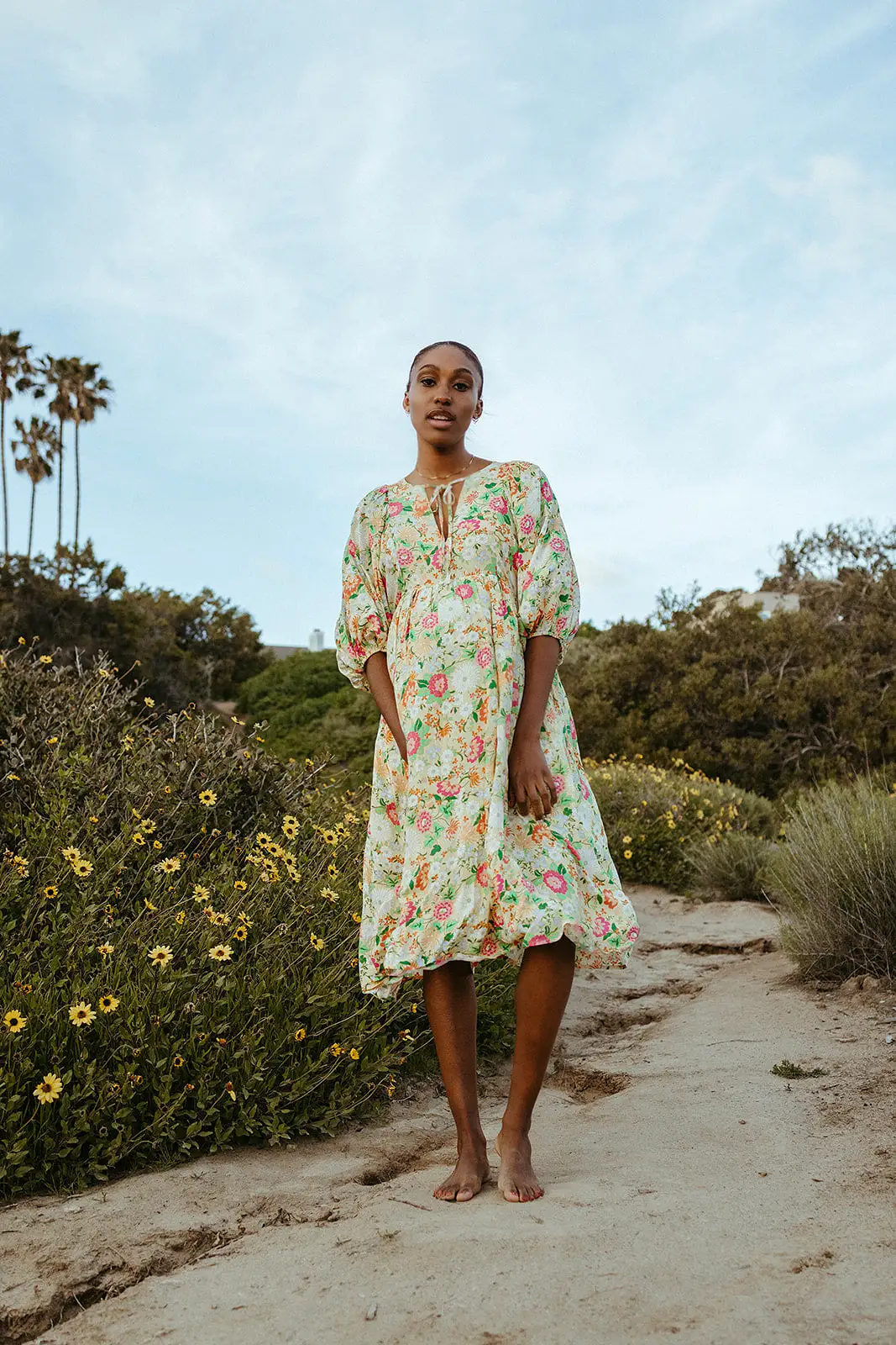 The Bearden Tie-Front Floral Midi Dress in Light Yellow