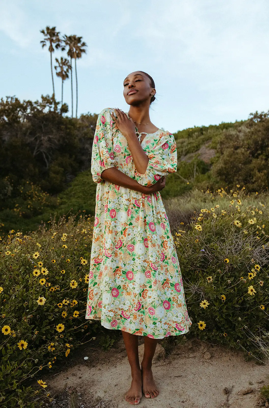 The Bearden Tie-Front Floral Midi Dress in Light Yellow