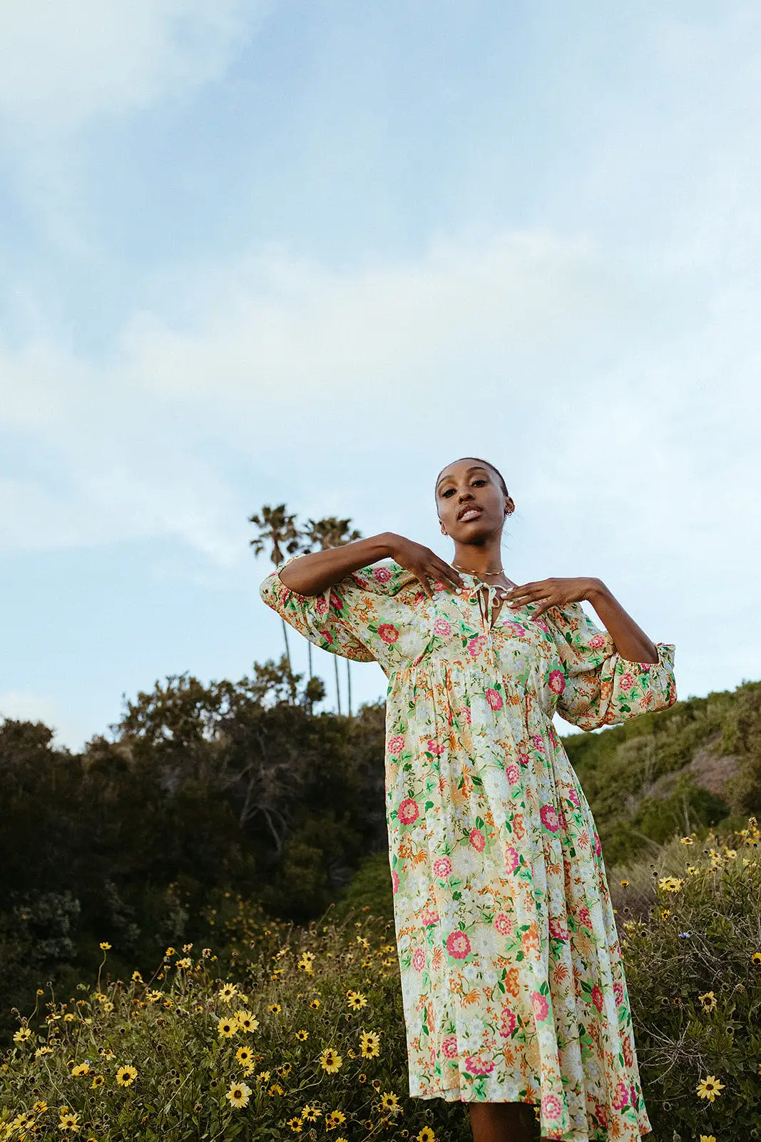 The Bearden Tie-Front Floral Midi Dress in Light Yellow