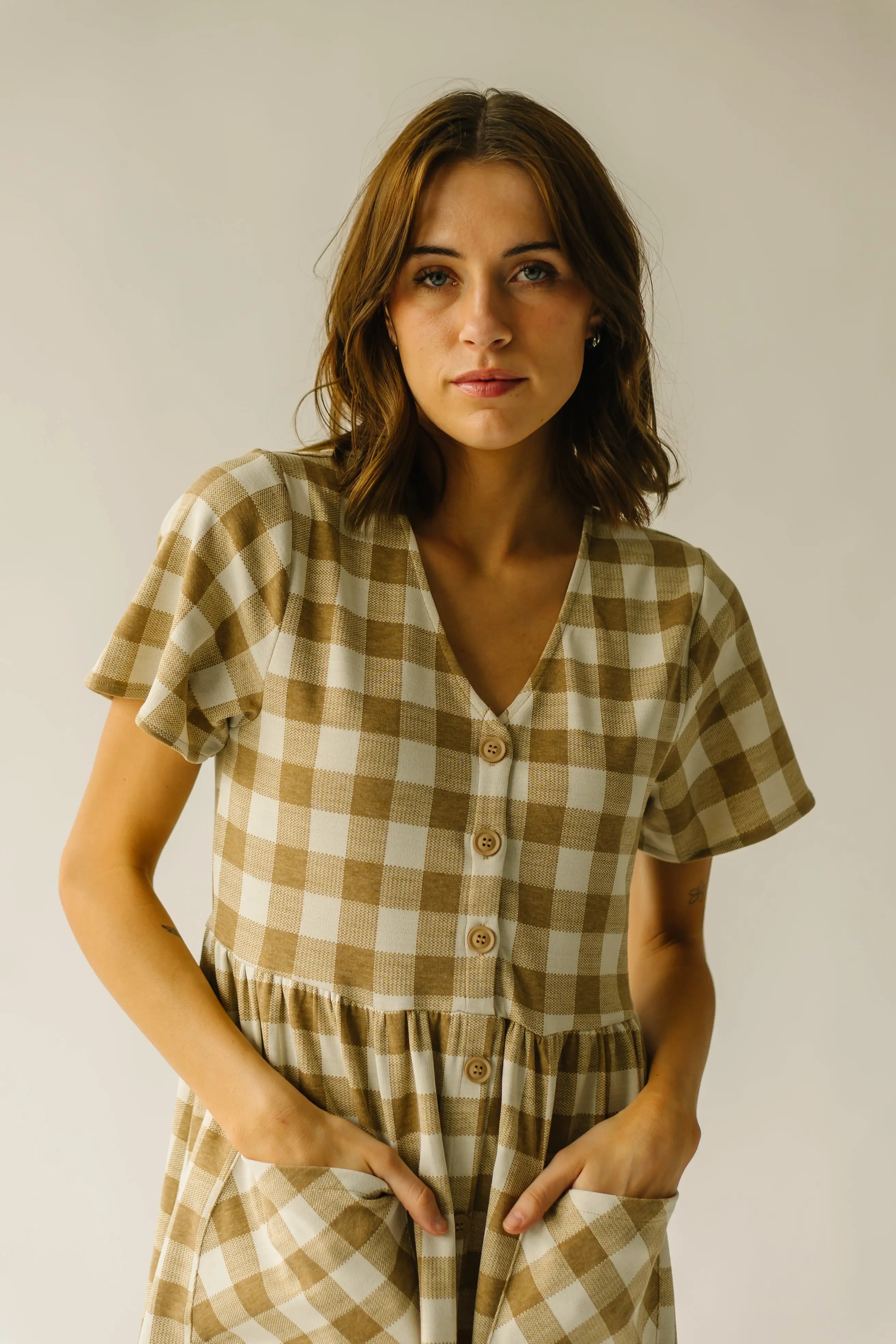 The Boice Gingham Button Front Dress in Camel Multi