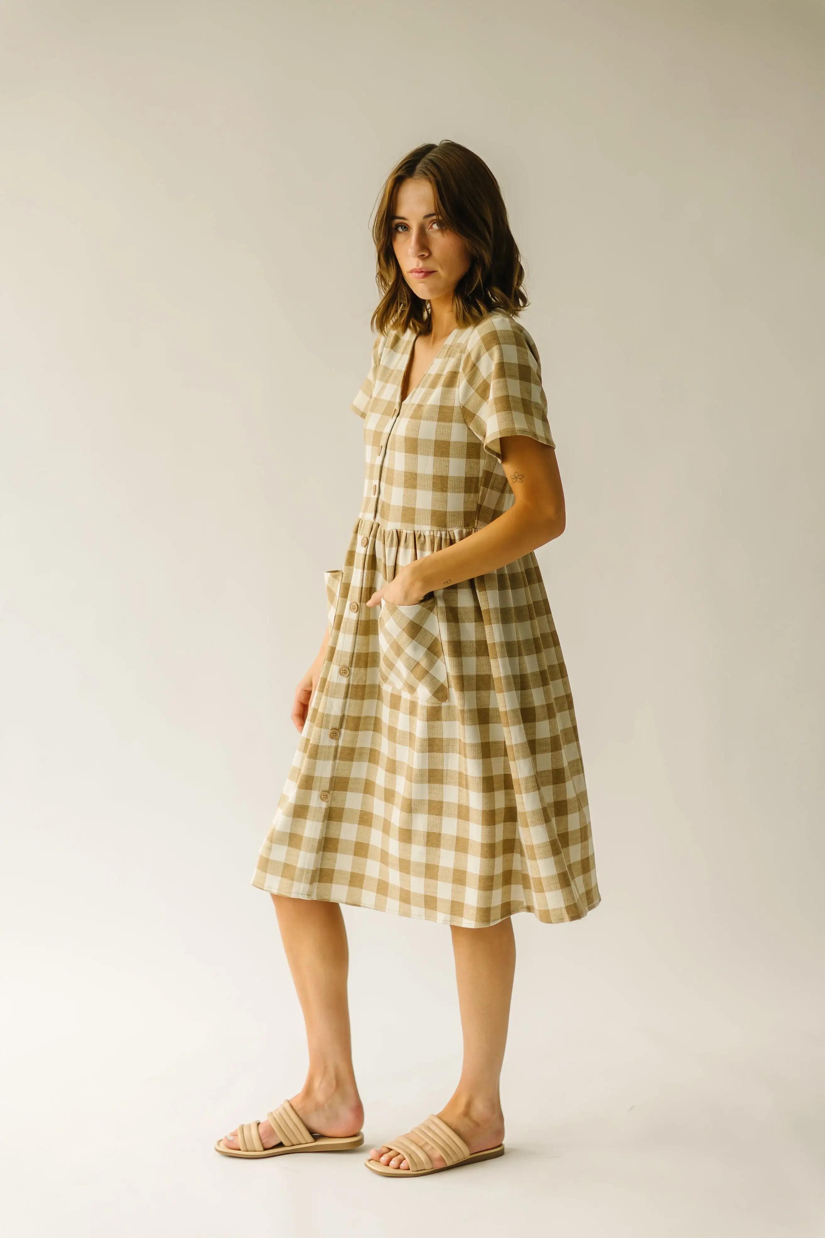 The Boice Gingham Button Front Dress in Camel Multi