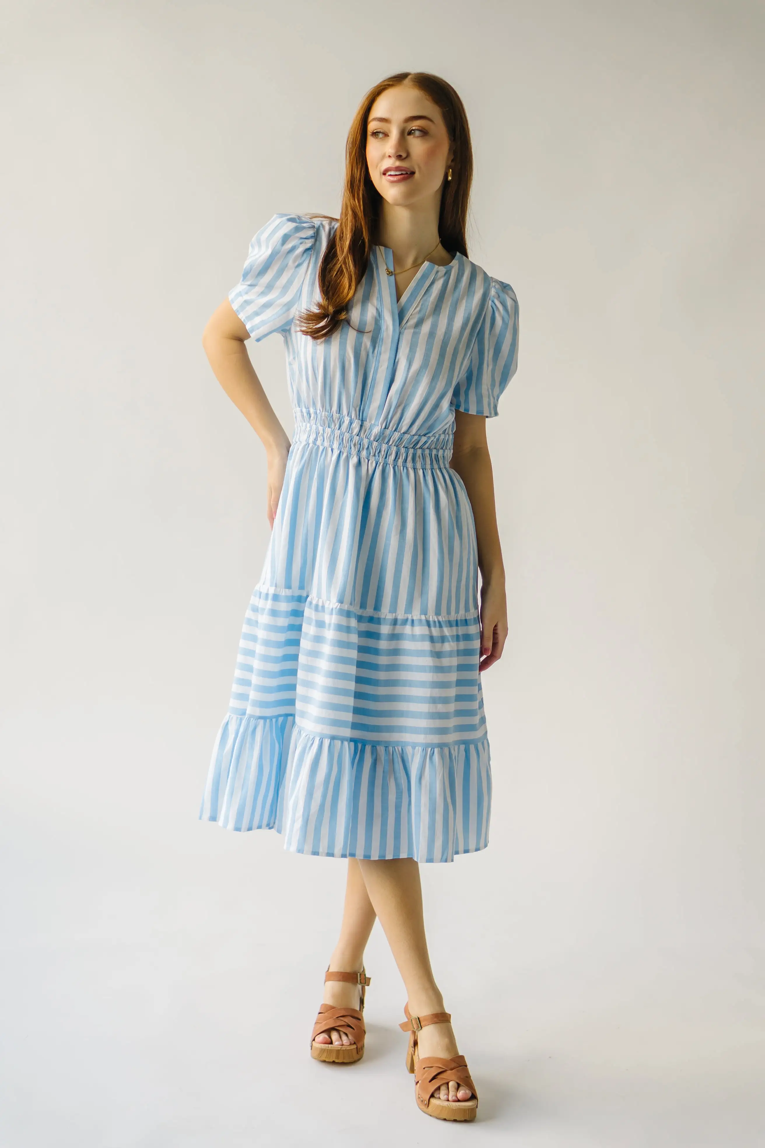 The Breinholt Tiered Dress in Blue Stripe