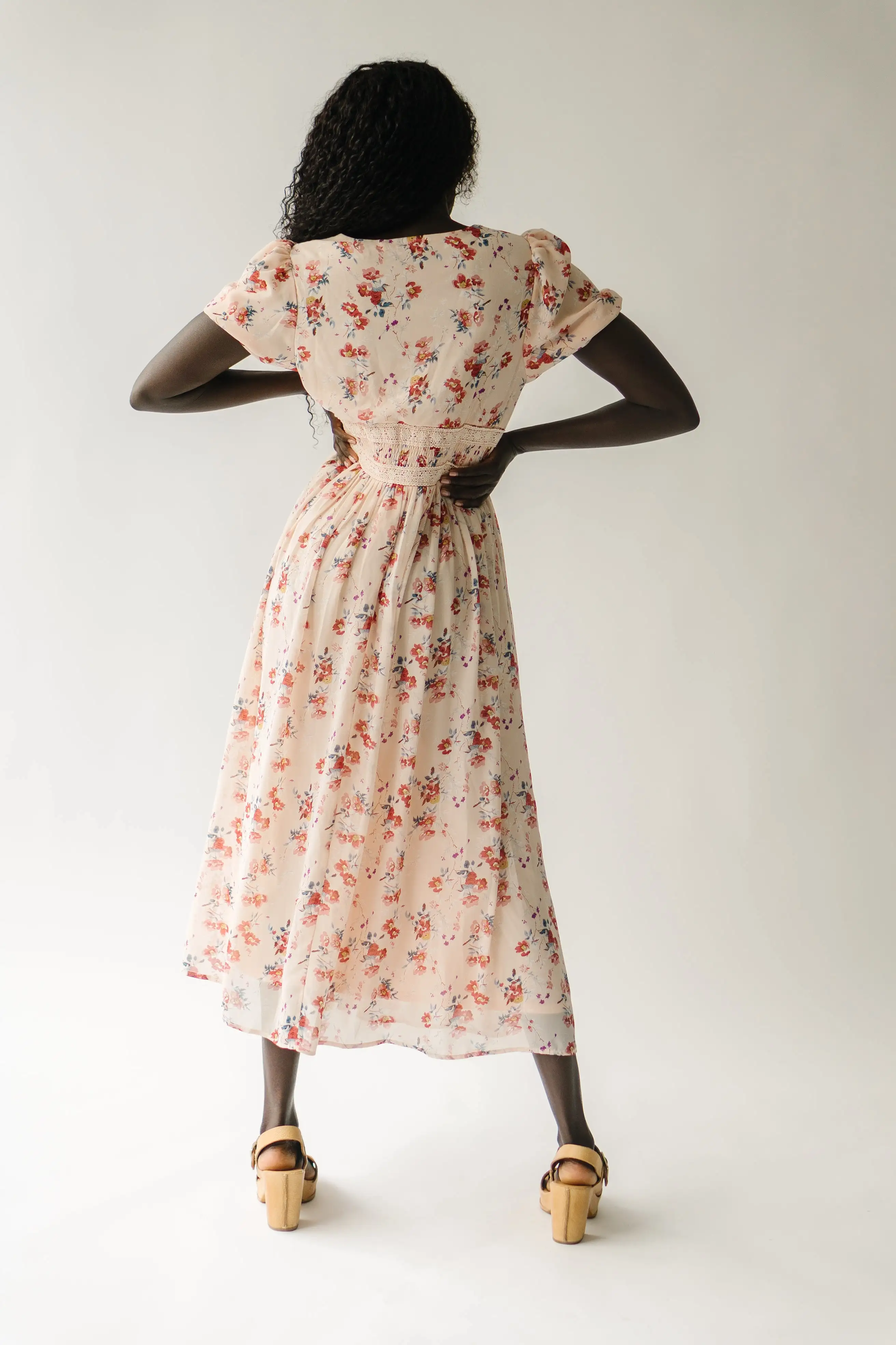 The Doral Floral Midi Dress in Light Peach