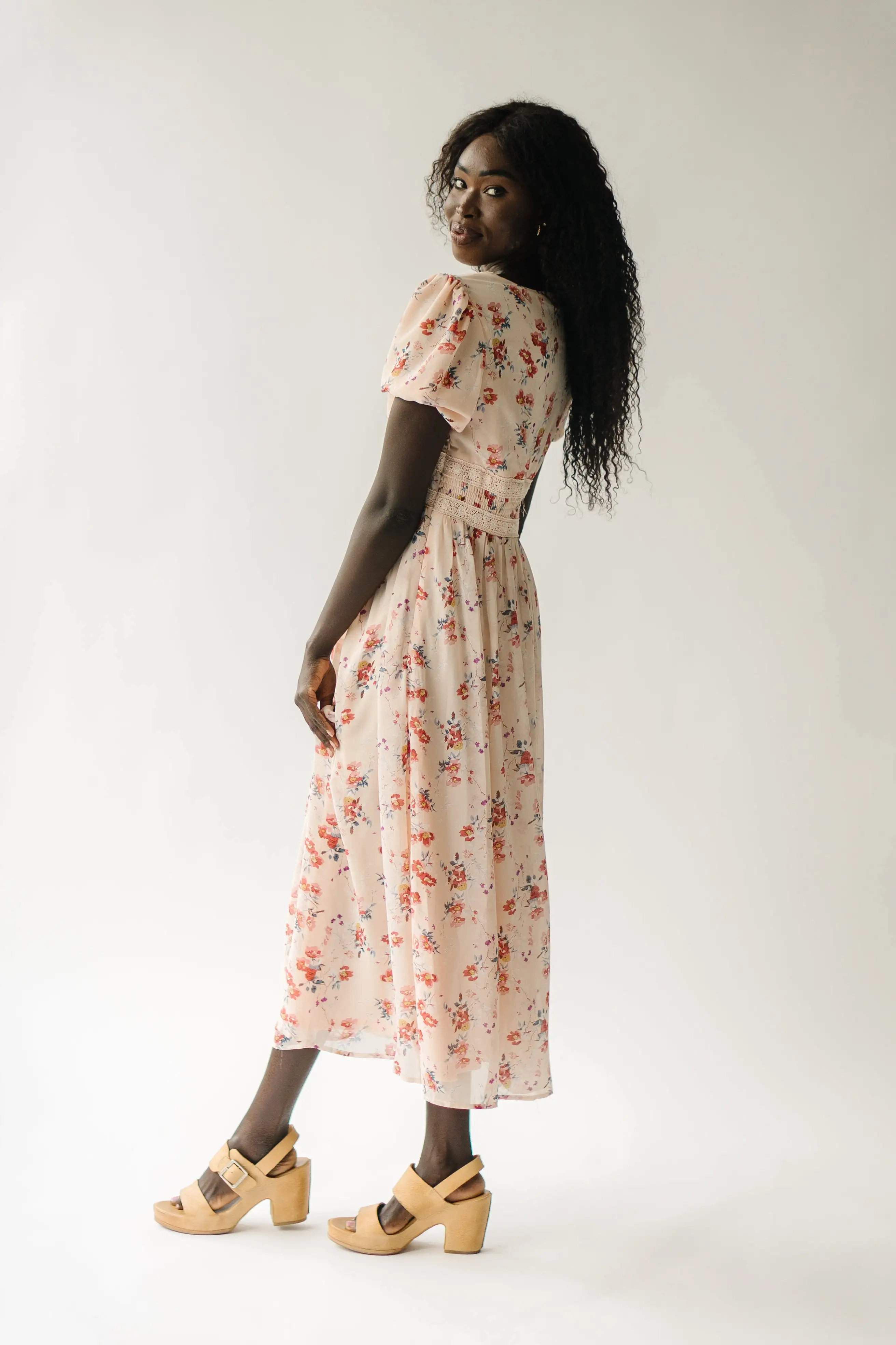 The Doral Floral Midi Dress in Light Peach