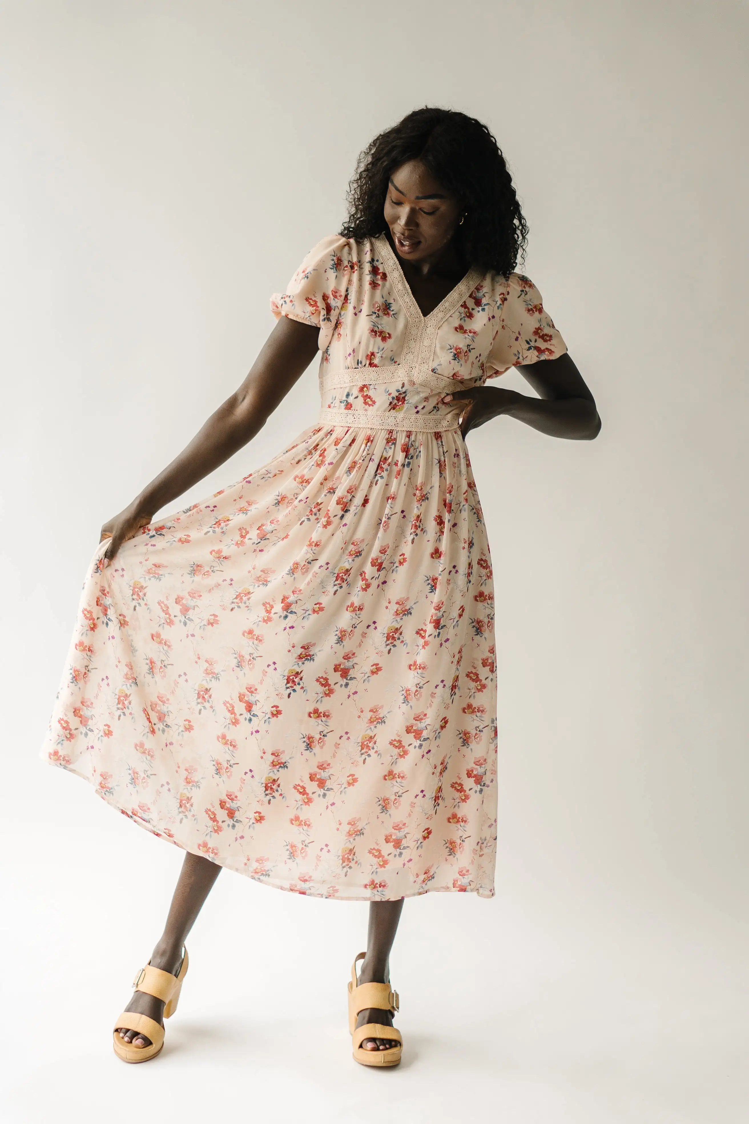 The Doral Floral Midi Dress in Light Peach