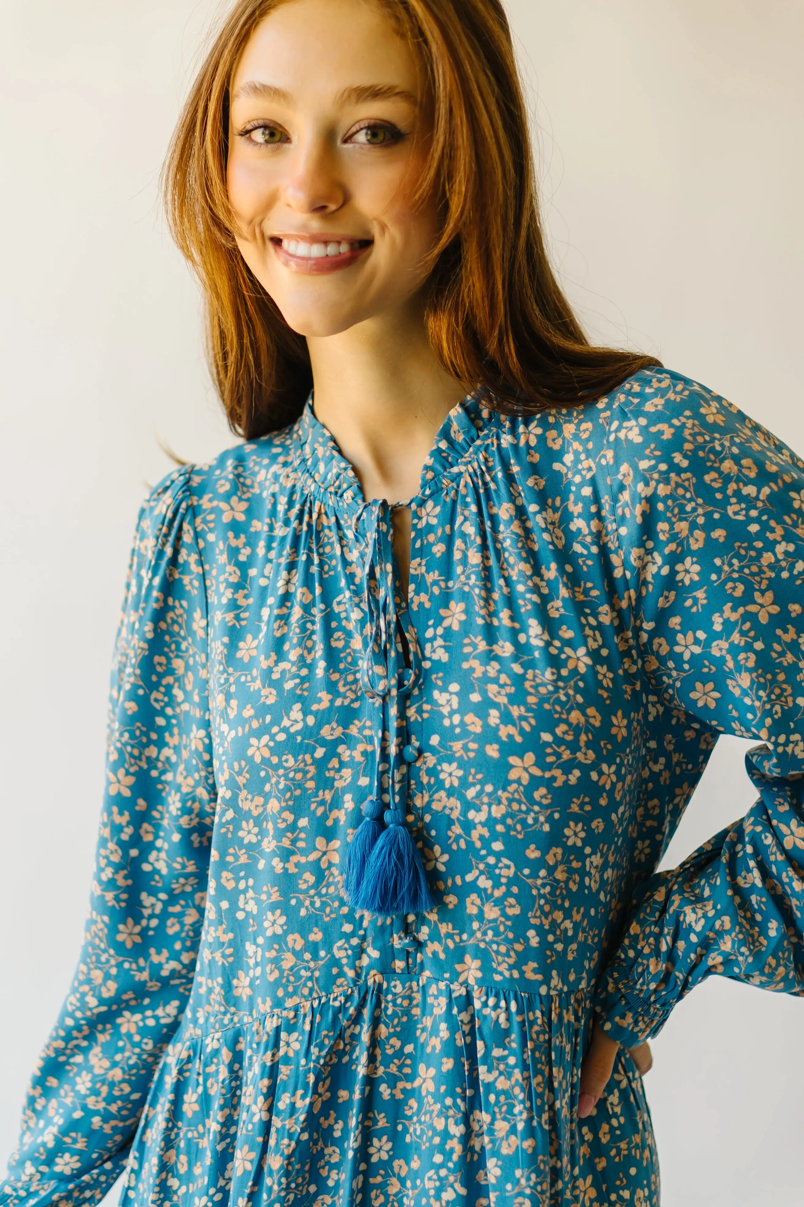 The Myersville Tassel Detail Dress in Blue Floral