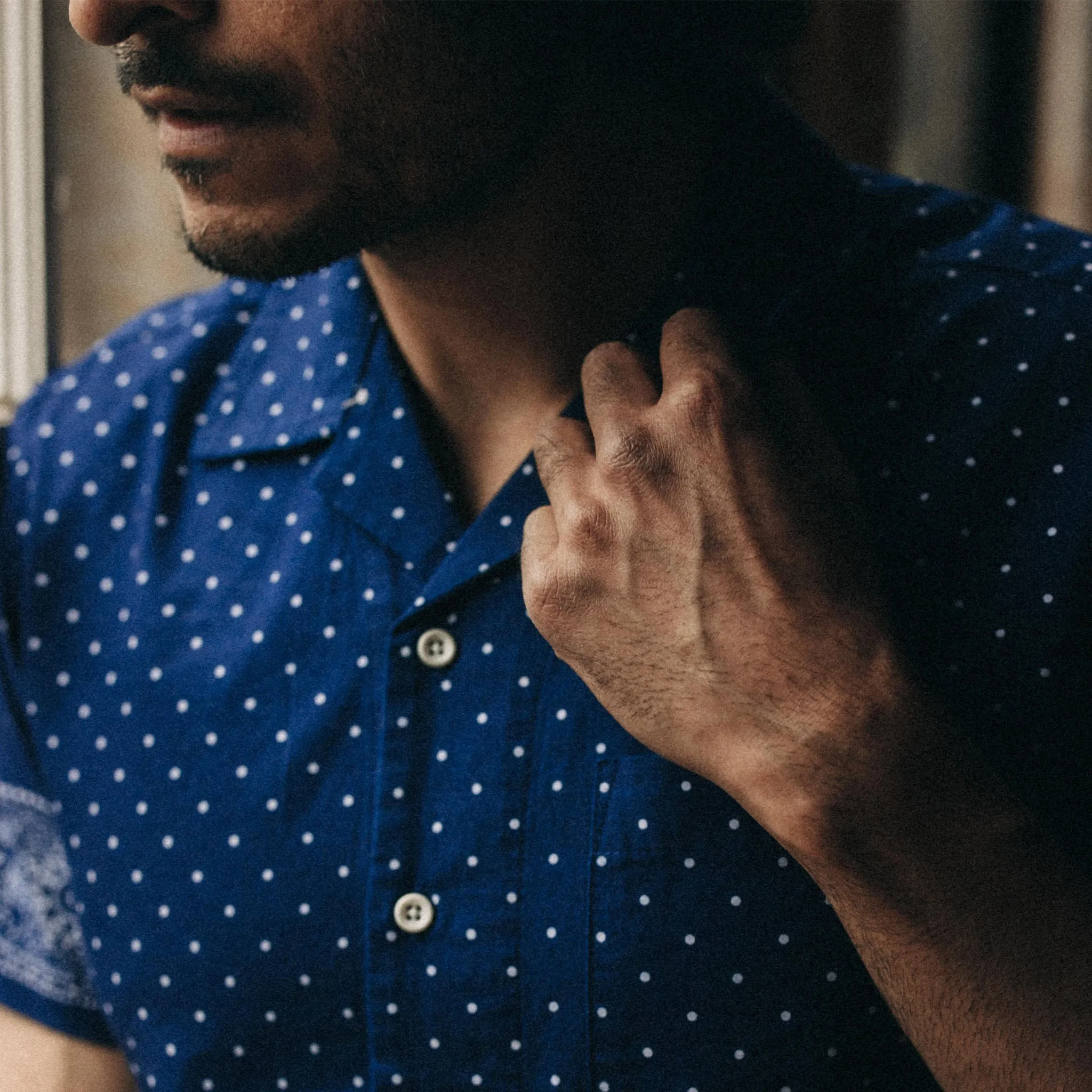 The Short Sleeve Hawthorne in Indigo Star Dot Border