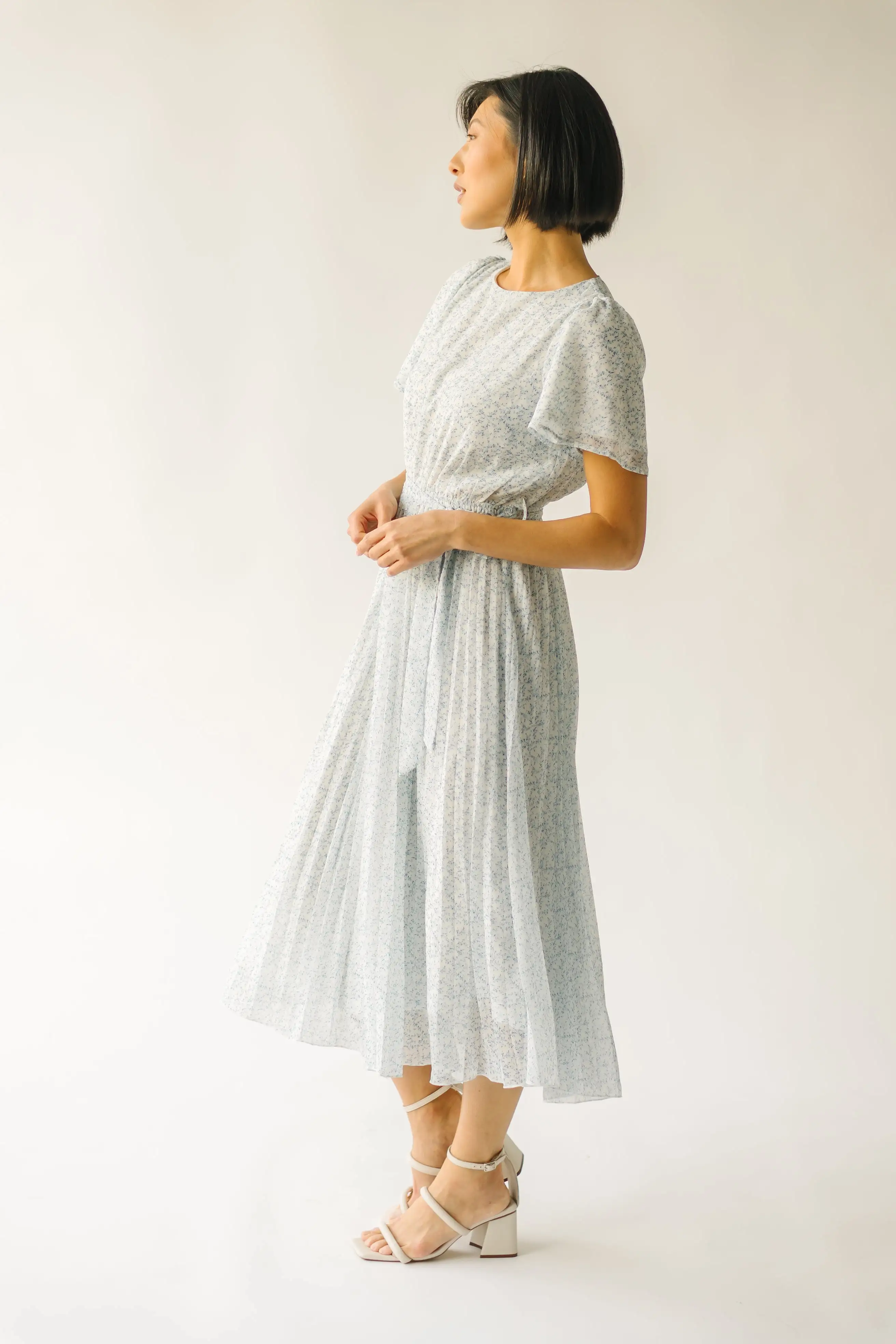 The Thornhill Pleated Midi Dress in Ivory + Blue Floral