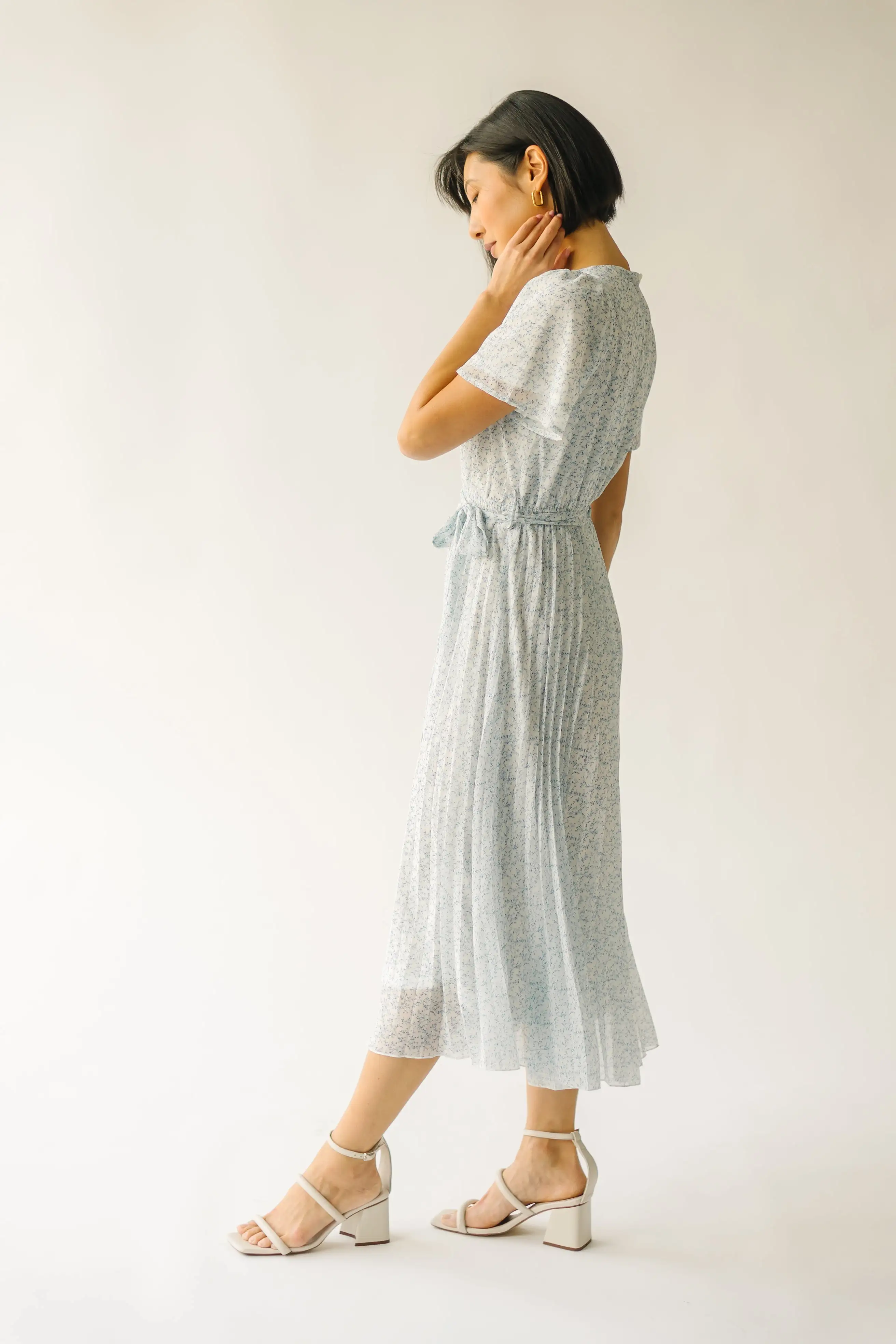 The Thornhill Pleated Midi Dress in Ivory + Blue Floral