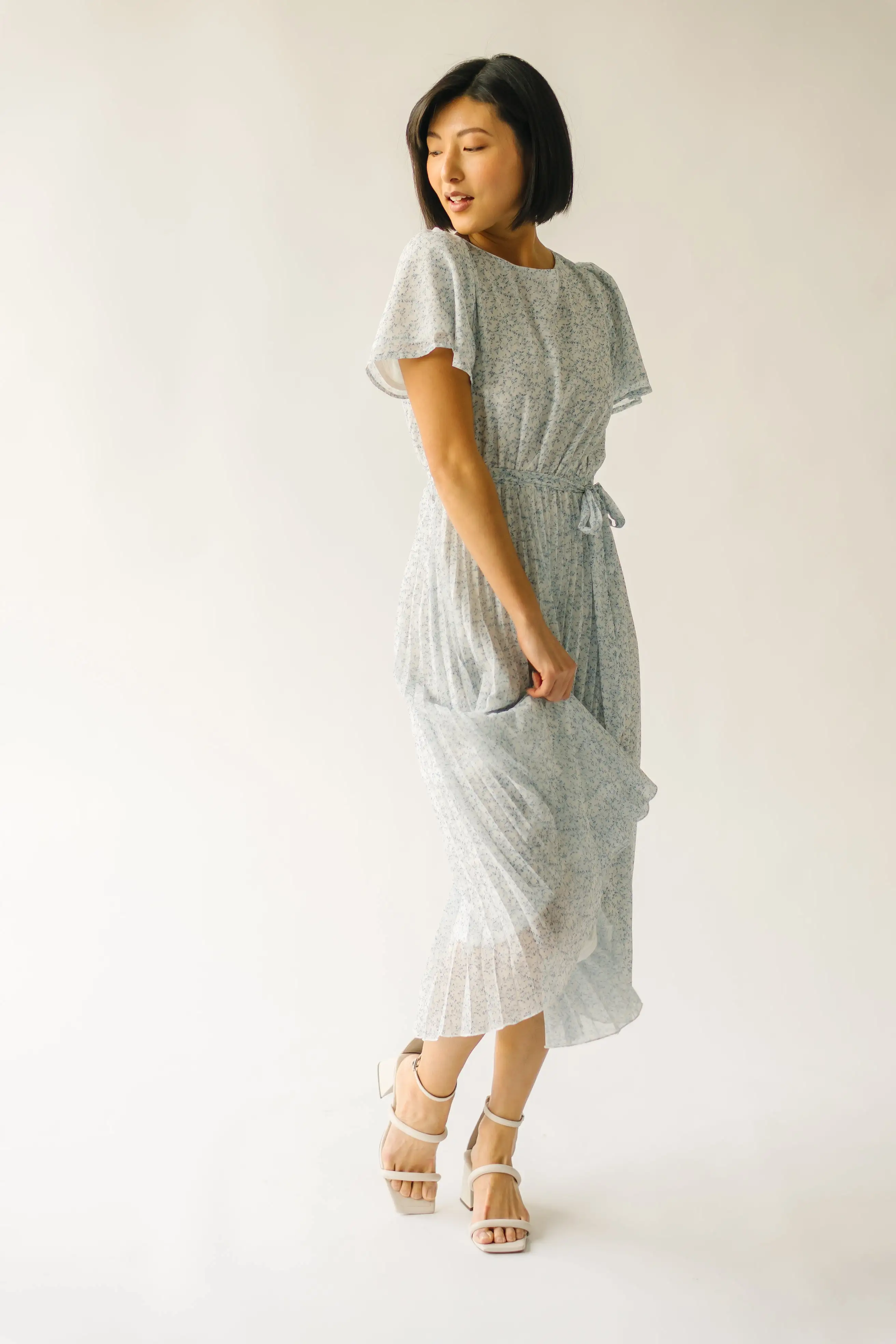 The Thornhill Pleated Midi Dress in Ivory + Blue Floral