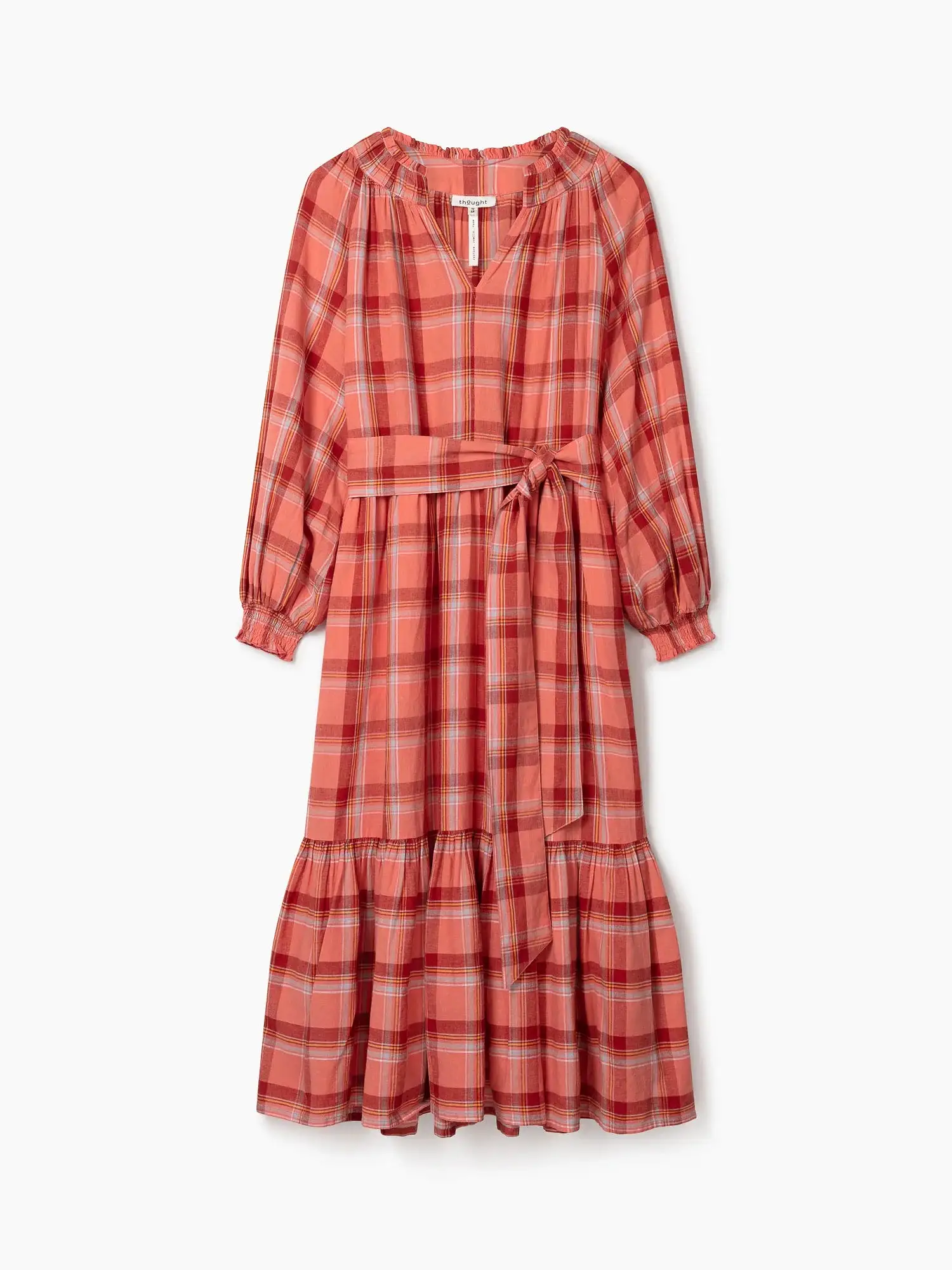 Thought Iman Hemp Check Midi Light Coral Dress