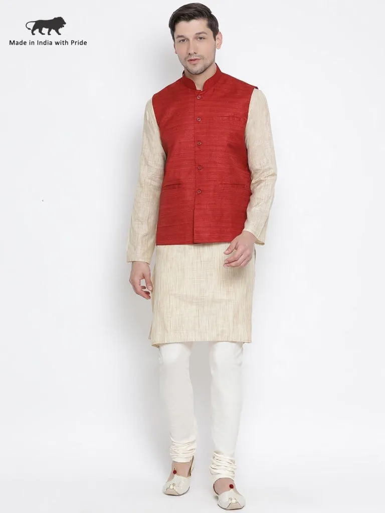 VASTRAMAY Men's Beige Cotton Silk Blend Kurta, Ethnic Jacket and Pyjama Set