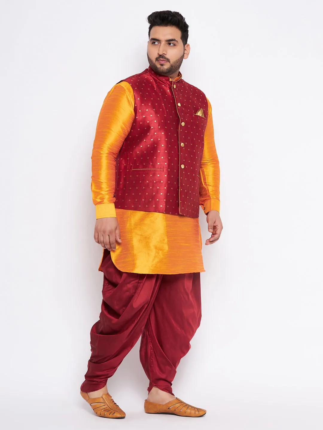 VASTRAMAY Men's Plus Size Maroon Zari Weaved Nehru Jacket With Curved Kurta Dhoti set