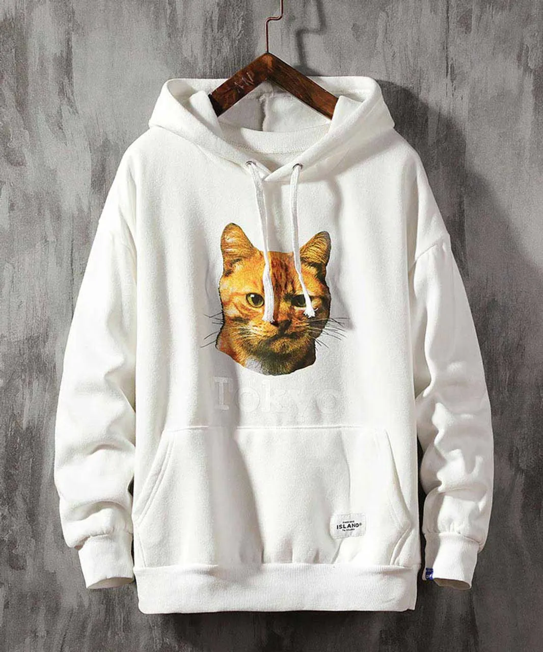 White Tokyo cat pattern print hoodies with pouch pocket