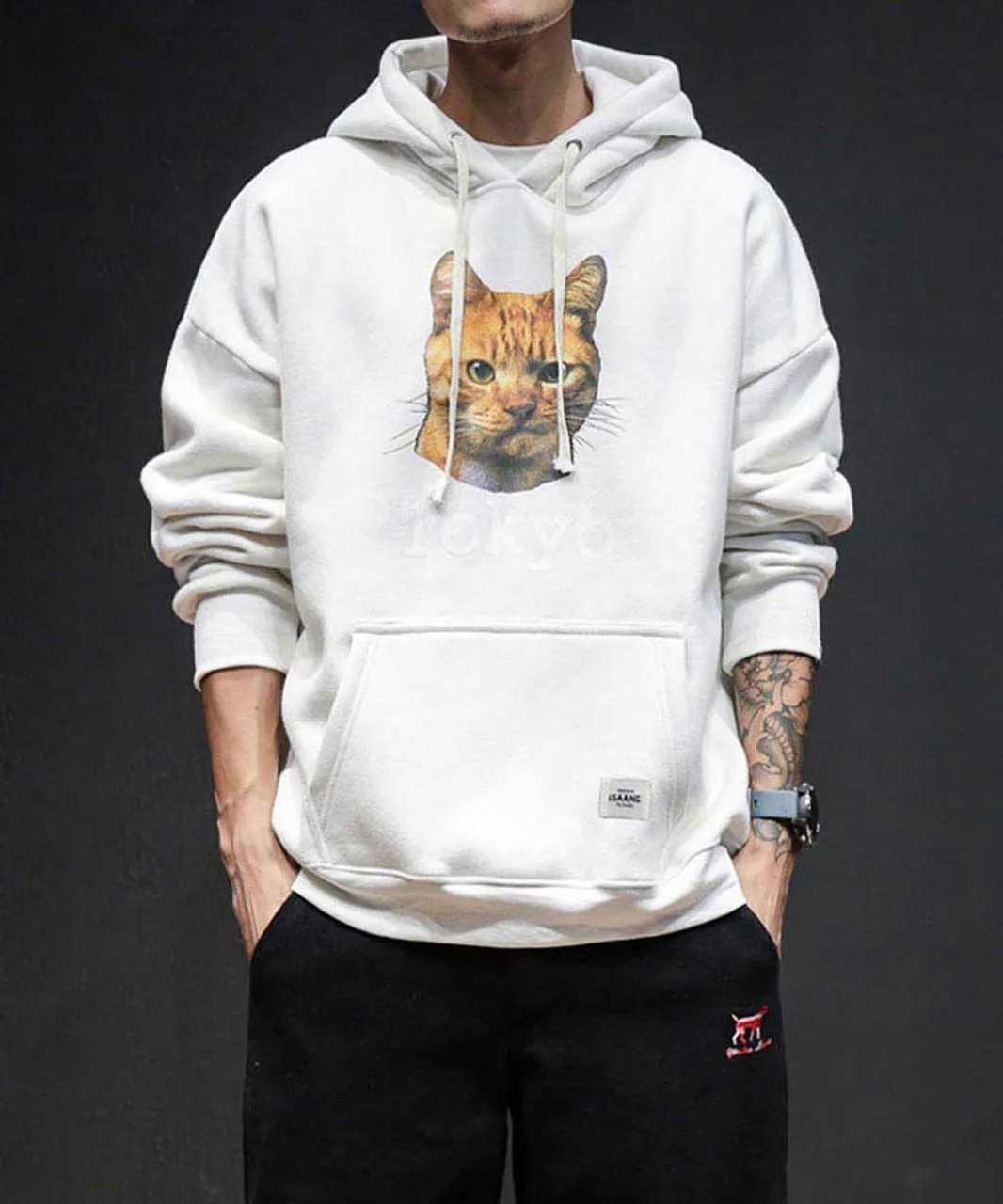 White Tokyo cat pattern print hoodies with pouch pocket