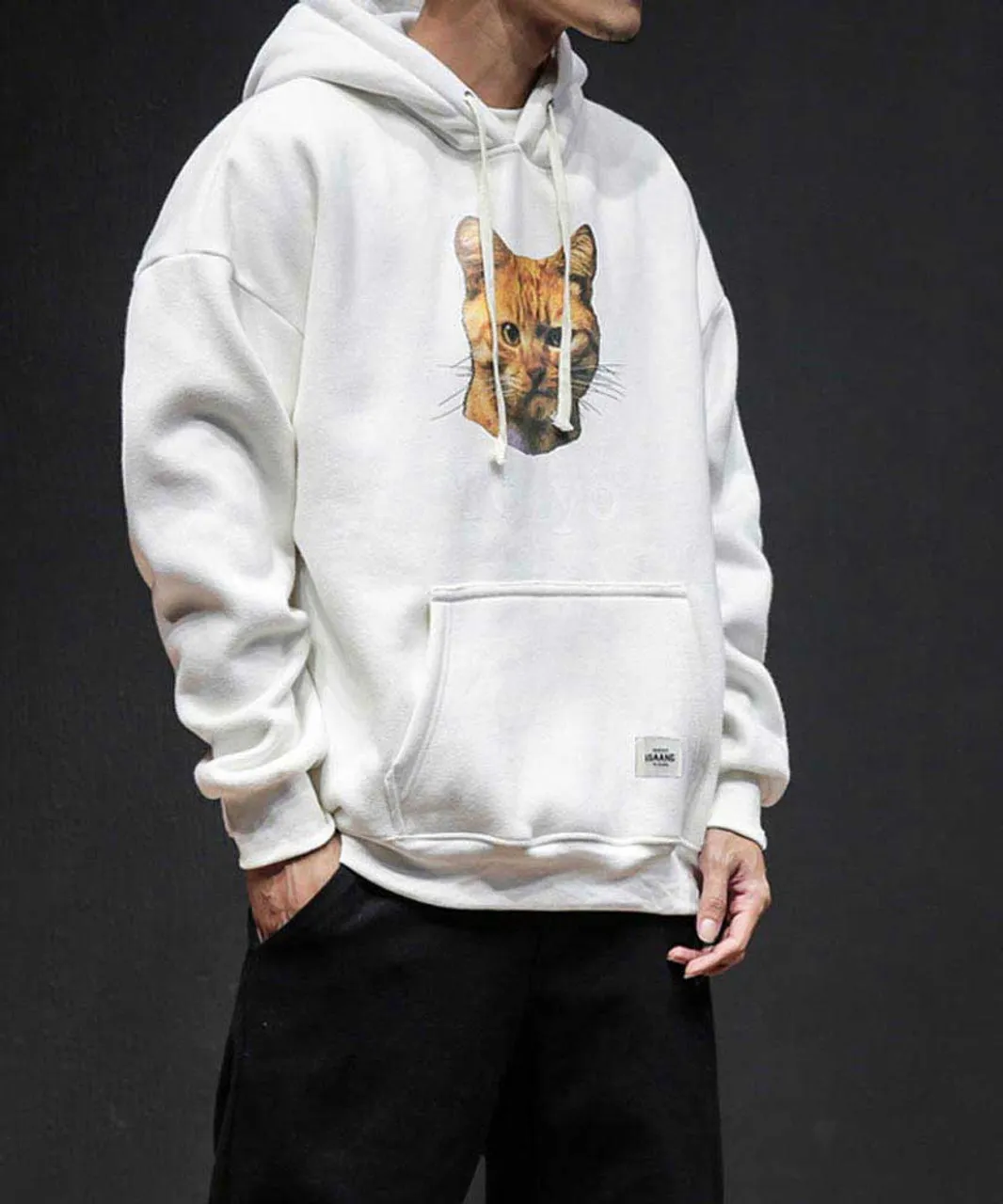 White Tokyo cat pattern print hoodies with pouch pocket