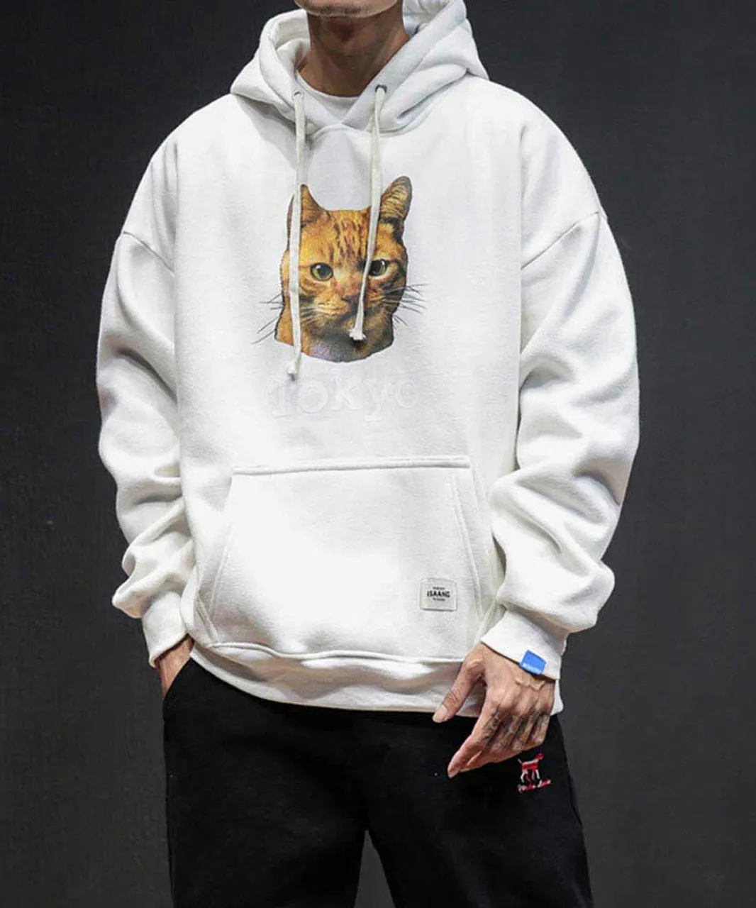 White Tokyo cat pattern print hoodies with pouch pocket