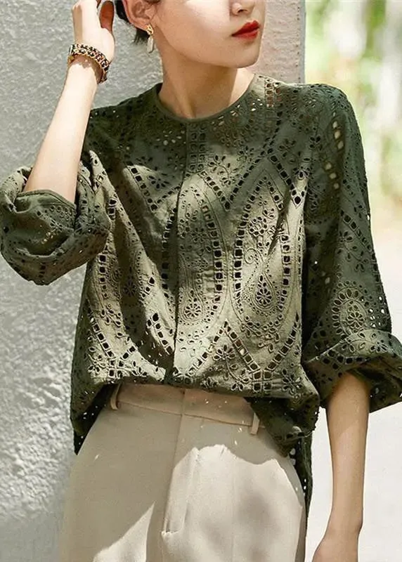 Women Light Khaki O Neck Hollow Out Cotton Blouses Long Sleeve CG1051