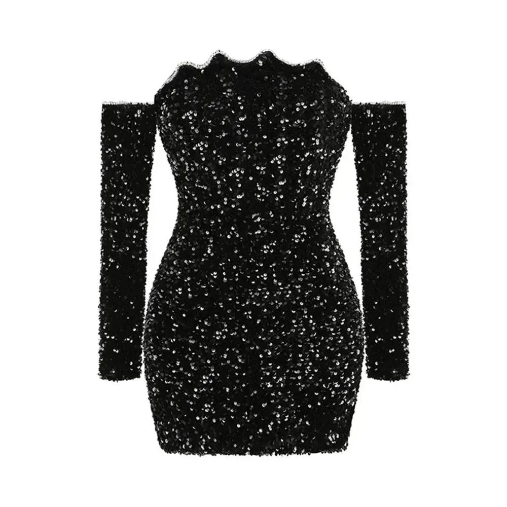 Women's Black Luxury Sequin Diamonds Sexy Off-Shoulder Bodycon Dress